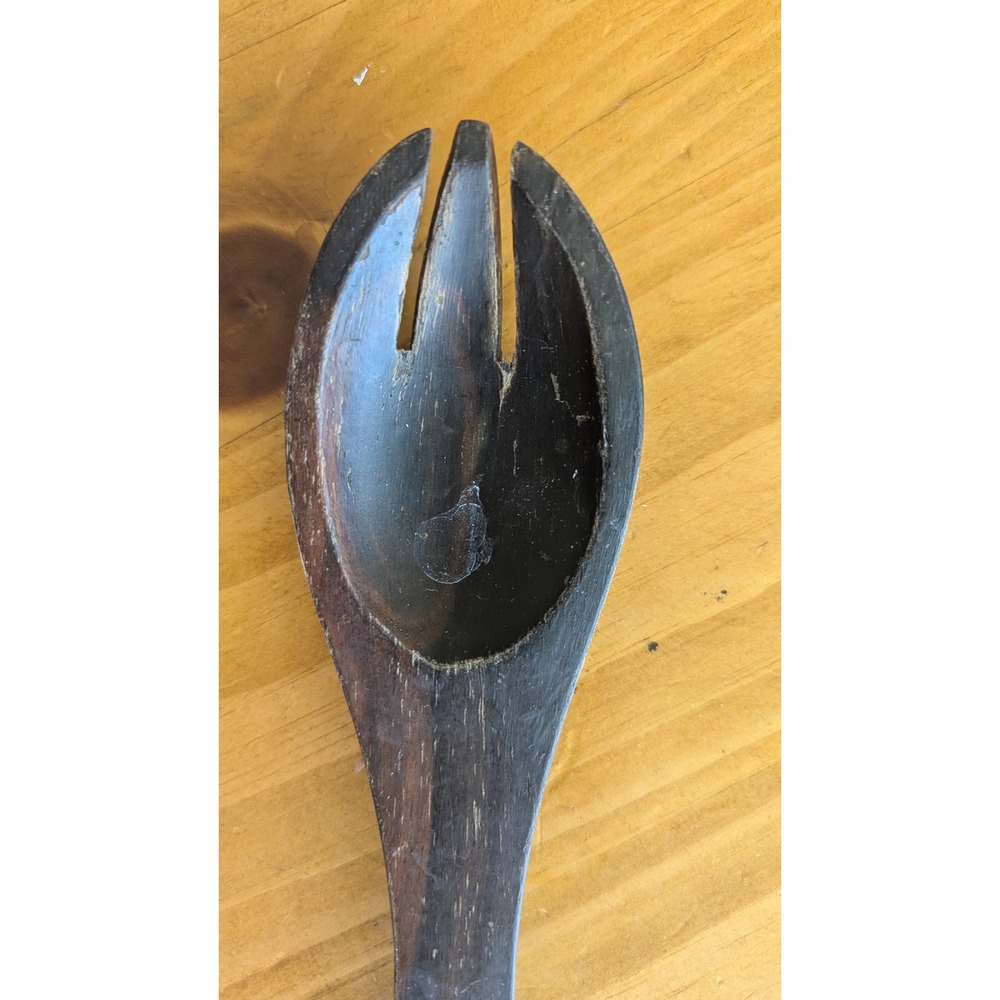 Vintage Dark Brown Hand Carved Wooden Salad Serving Fork 12.5 Inch Rustic Treen - Picture 5 of 6